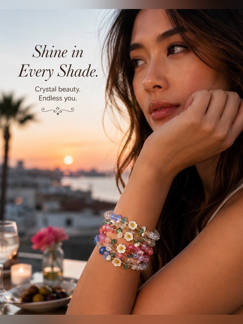 Floral Crystal NIB crackle Bead 
Stretch Bracelet Set of 4
Shimmering Pastels